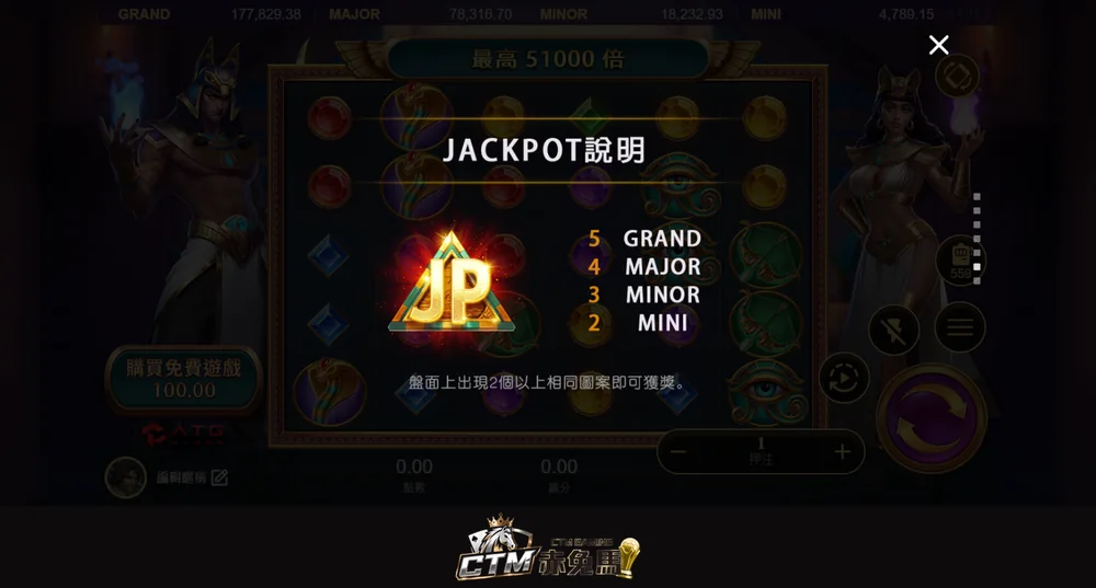 戰神賽特 JACKPOT 說明：5 個 GRAND、4 個 MAJOR、3 個 MINOR、2 個 MINI