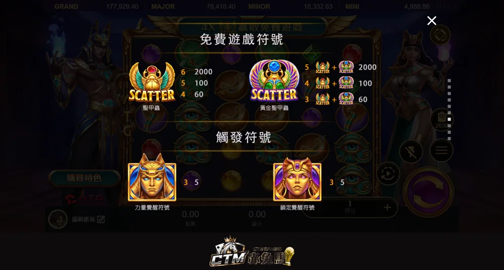 戰神賽特2 免費遊戲符號：聖甲蟲、黃金聖甲蟲的賠率，以及力量覺醒與鎖定覺醒符號