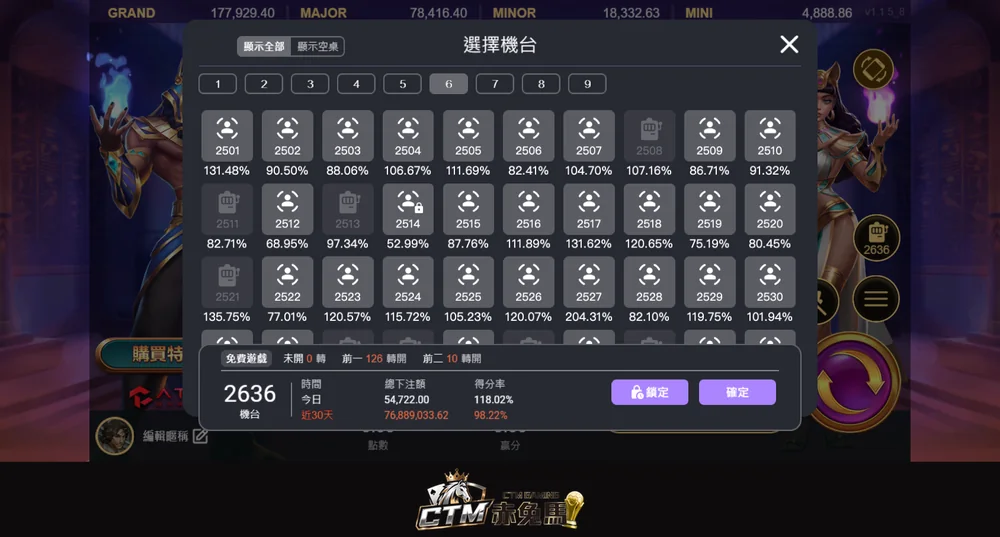 戰神賽特2 選擇機台畫面：每台得分率，單台今日與近 30 天總下注、得分率，以及免費遊戲幾轉未開